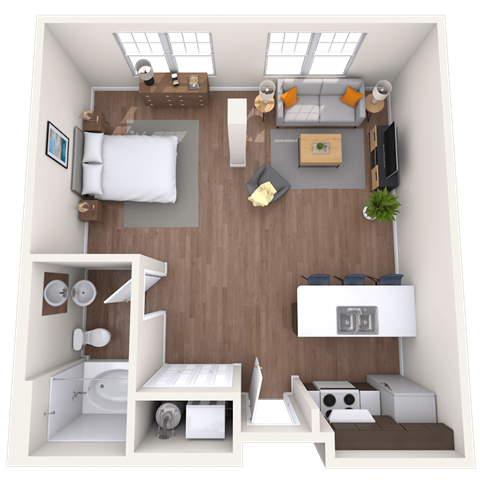 Floor plan for 1 bed, 1 bath, 633 sqft